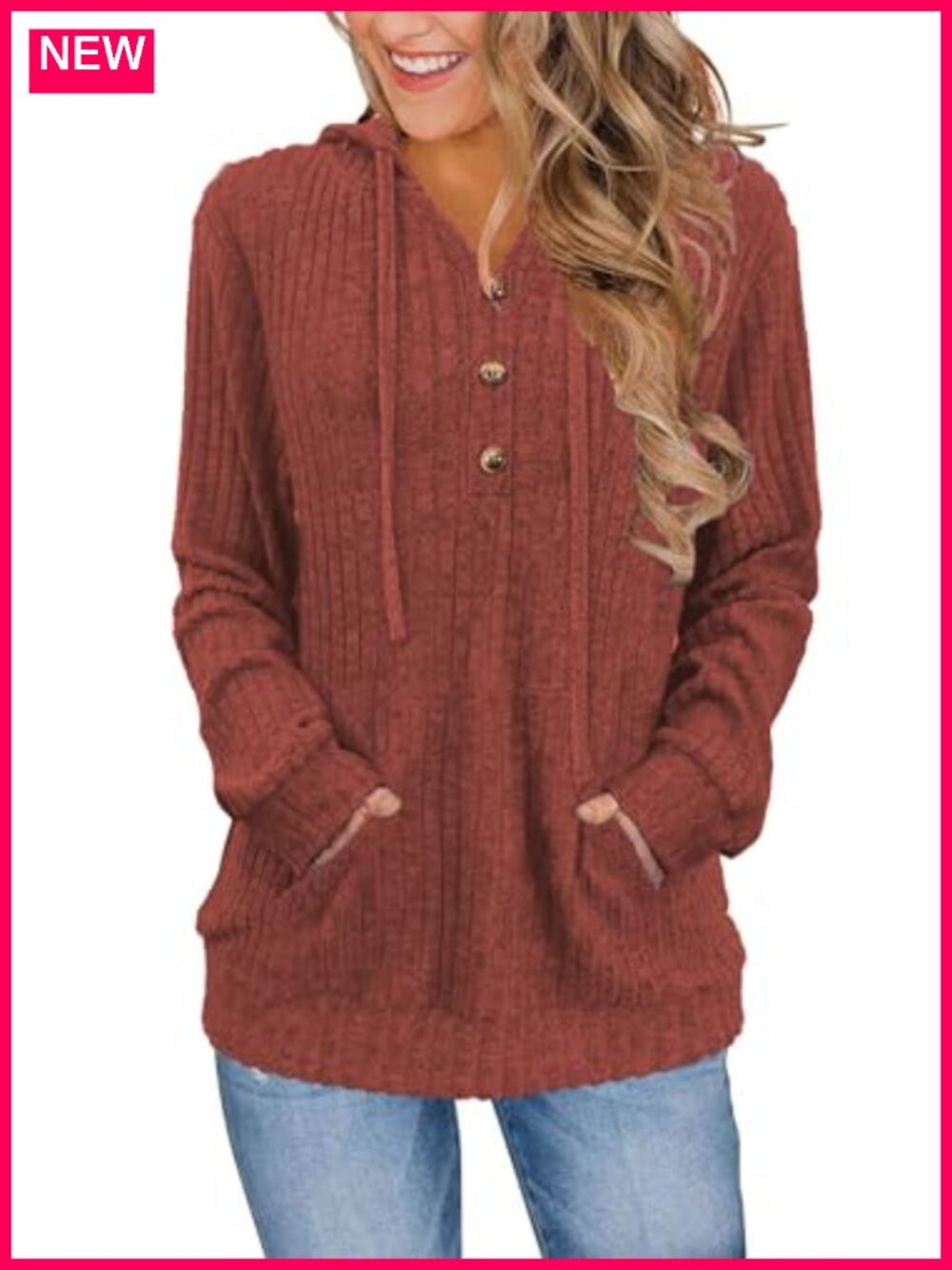 Women's Ribbed Henley Neck Hoodie Pullover with Kangaroo Pocket
